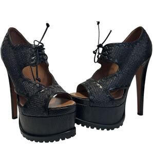 Alaïa Leather Trek Platform Heels NEW Black Open Toe Lace up EU 39